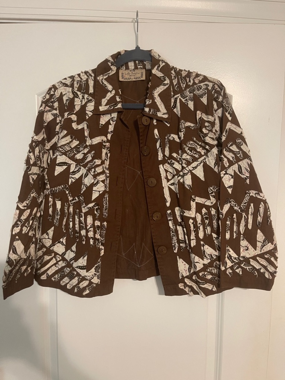 Vintage Women's Brown Printed Jean Jacket with Cream Geometric Pattern
